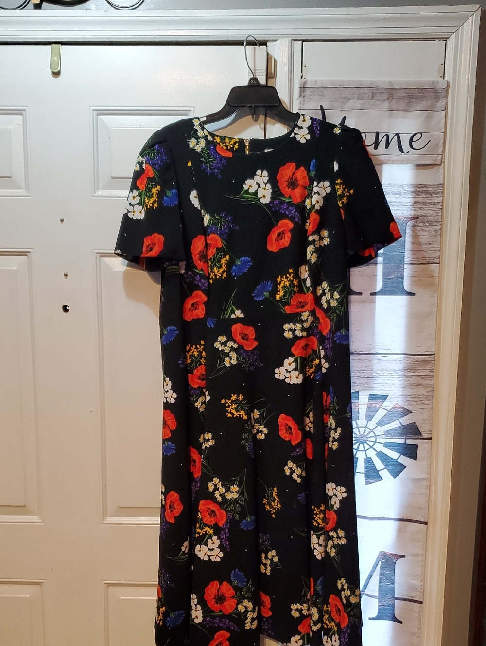 Calvin Klein Black Midi Dress with Red, Blue and White Floral Print